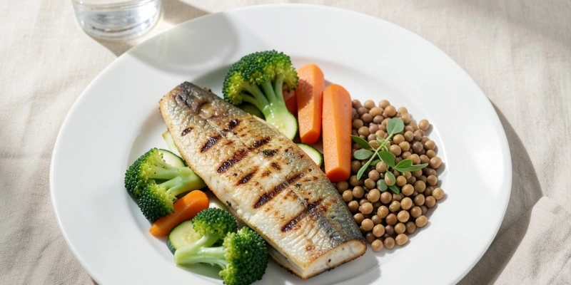 Teller mit Mahlzeit: Gegrillter Fisch, gedünstetes Gemüse, kleine Portion Hülsenfrüchte – sättigend, natriumarm, ballaststoffreich