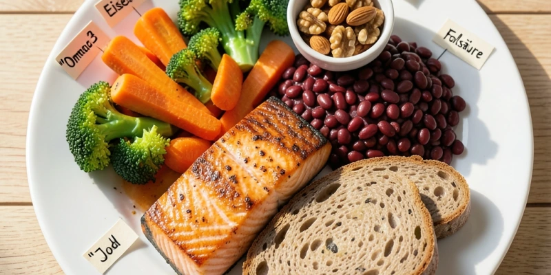 Teller mit nährstoffdichten Lebensmitteln: buntes Gemüse, Lachs, Linsen, Vollkornbrot, Nüsse – beschriftet mit Mikronährstoffen, die in der Stillzeit besonders relevant sind