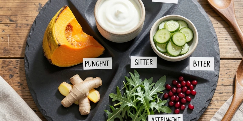 Teller mit sechs Geschmackskomponenten – z. B. gekochter Kürbis (süß), Joghurt (sauer), gepickelte Gurke (sauer/salzig), Ingwer (scharf), Rucola (bitter), Granatapfelkerne (herb) – beschriftet
