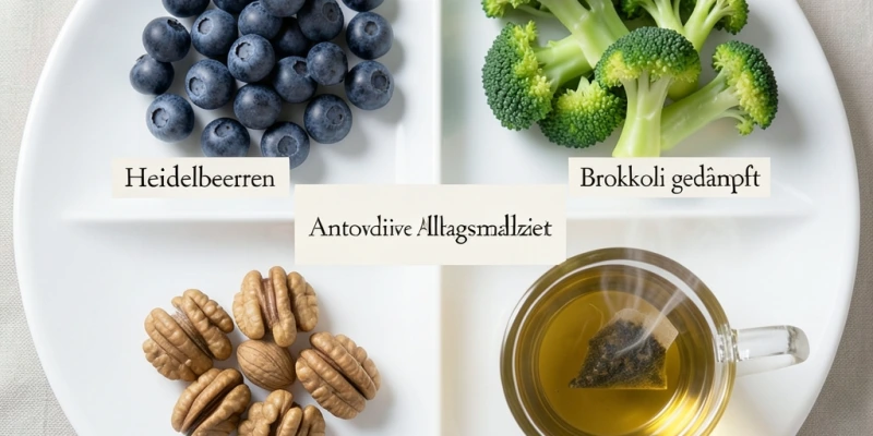 Teller mit vier Feldern: Heidelbeeren (ca. 80 g), Brokkoli gedämpft (ca. 150 g), Walnüsse (ca. 30 g), grüner Tee (eine Tasse) – beschriftet als „Antioxidative Alltagsmahlzeit"