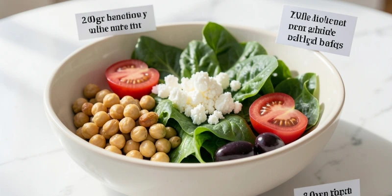 Telleraufbau: Blattsalat, Kichererbsen (ca. 80 g), 40 g Feta, Tomaten, Oliven – Portionsgrößen beschriftet, ohne Kalorien-Werbung, fokussiert auf Zusammensetzung