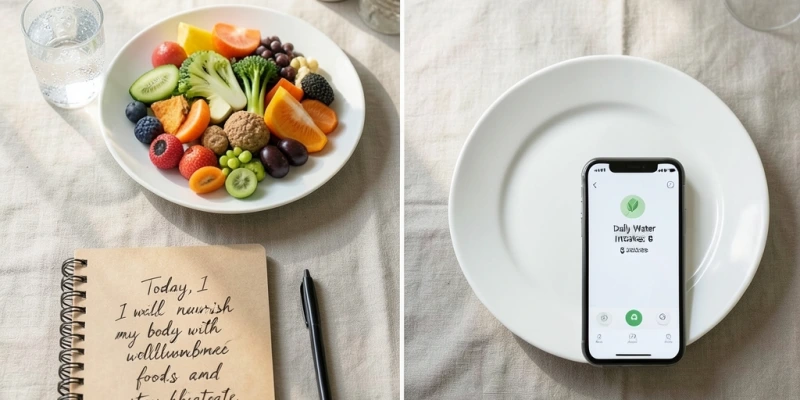 Tisch mit zwei Szenarien: links – voller Teller, Wasserglas, Notizbuch mit einem Satz Tagesplan; rechts – leerer Teller, Smartphone, kein Notizbuch. Bildunterschrift: „Wenig Struktur reicht – aber sie muss da sein."