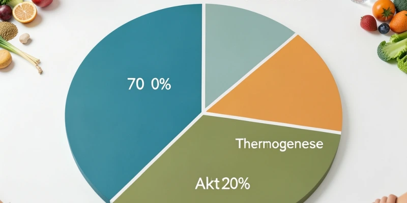 Tortendiagramm: Anteil des Grundumsatzes am Gesamtenergiebedarf – ca. 60–75% Grundumsatz, ca. 10% Thermogenese der Nahrung, ca. 15–30% Bewegung und Aktivität