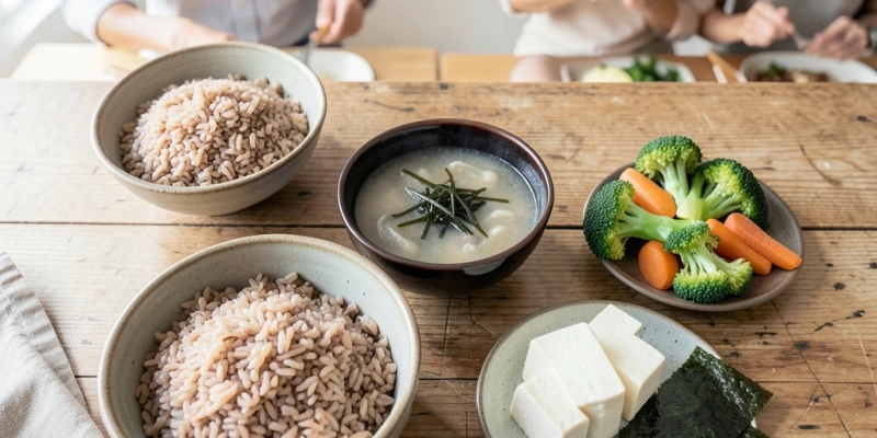 Traditionelles Makrobiotik-Teller-Arrangement: Braune Reisschüssel, Miso-Suppe, gedünstetes Gemüse, Algen, Natto oder Tofu – klar angerichtet auf Holzoberfläche, keine tierischen Produkte sichtbar