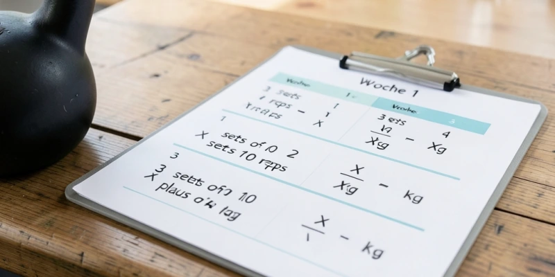 Trainingsplan-Ausschnitt: 3 Wochen Progression – Woche 1: 3×10 mit X kg / Woche 2: 4×10 mit X kg / Woche 3: 3×10 mit (X+4) kg – schematisch, kein echtes Gewicht eingetragen