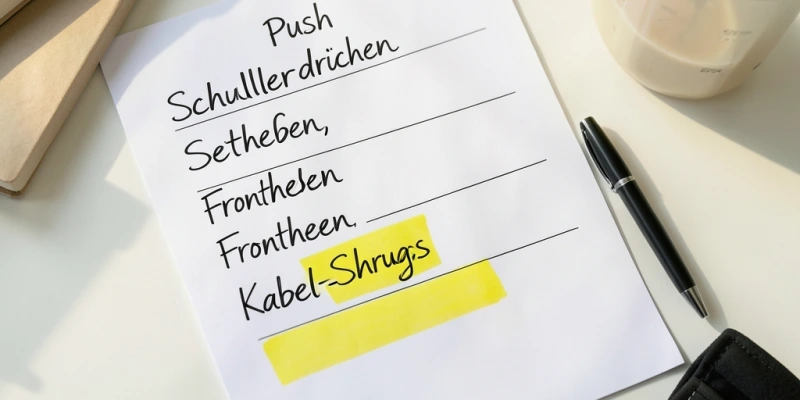 Trainingsplan-Ausschnitt: Beispielhafte Einordnung von Kabel-Shrugs als letzte Übung in einer Push-Einheit – nach Schulterdrücken, Seitheben und Frontheben