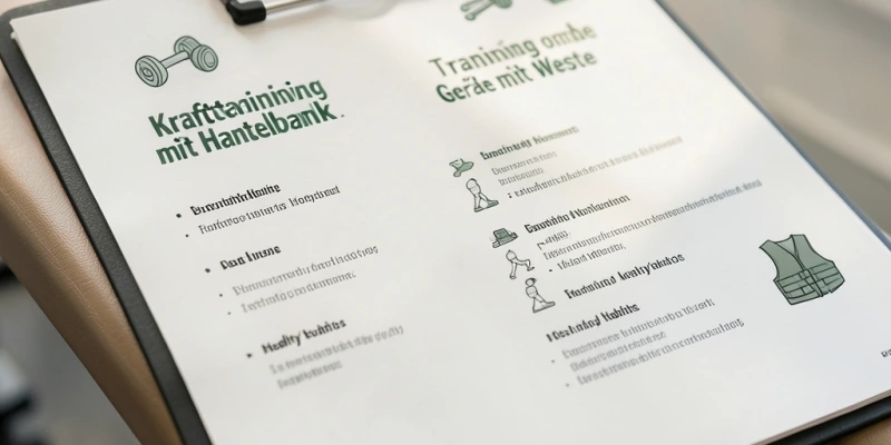 Trainingsplan-Ausschnitt mit zwei Varianten: „Krafttraining mit Hantelbank" vs. „Training ohne Geräte mit Weste" – Step-Ups jeweils an unterschiedlicher Position im Plan