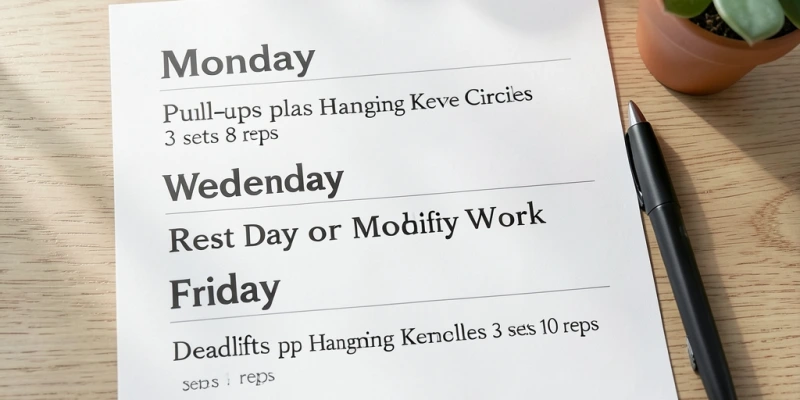 Trainingsplan-Tabelle zeigt eine Beispielwoche: Montag – Klimmzüge + Hanging Knee Circles, Mittwoch – Pausentag oder Mobilität, Freitag – Deadlifts + Hanging Knee Circles, mit Satz- und Wiederholungsangaben