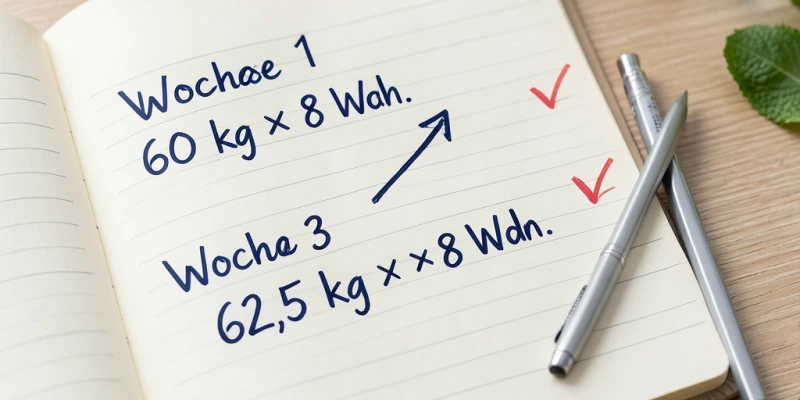 Trainingstagebuch mit zwei Einträgen: Woche 1 – Bankdrücken 60 kg × 8 Wdh., Woche 3 – 62,5 kg × 8 Wdh. Pfeil zwischen beiden zeigt Progressionsschritt