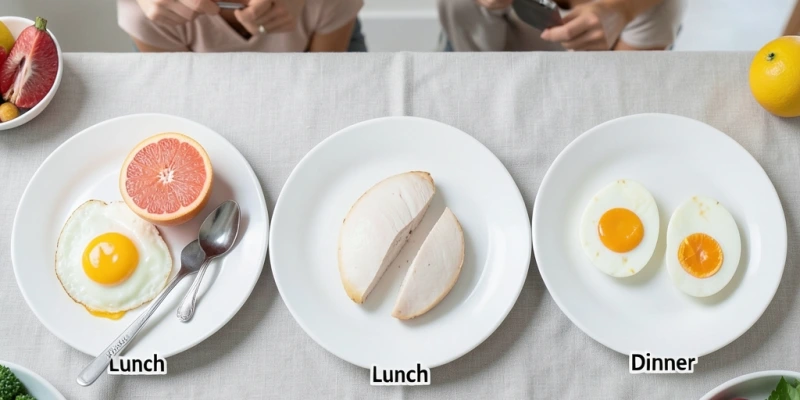 Typischer Tagesverzehr der Eier-Diät: morgens 2 Eier mit halber Grapefruit, mittags Hühnerbrust ohne Beilage, abends 2 Eier – visuell dargestellt als drei Teller nebeneinander