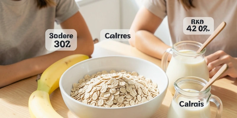 Typisches „gesundes Frühstück" mit Haferflocken, Banane, Nussbutter und Milch – mit eingeblendeten Kalorienwerten pro Zutat, um die Summe sichtbar zu machen