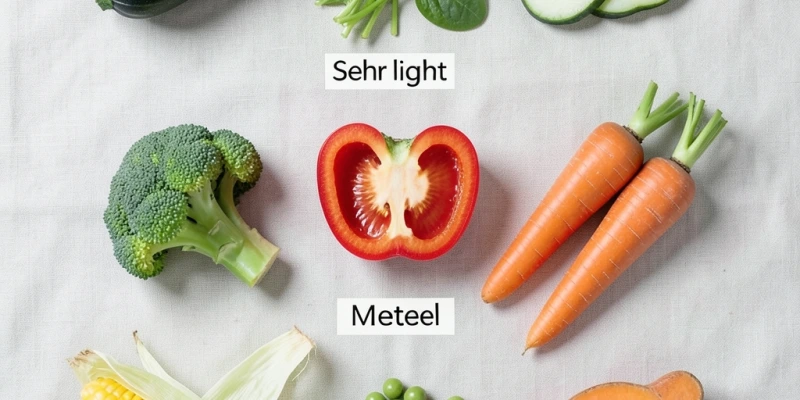 Überblick über Gemüsesorten nach Kaloriendichte: Tabelle oder visuelle Gruppierung in „sehr leicht" (Zucchini, Spinat, Gurke) / „mittel" (Brokkoli, Paprika, Karotte) / „stärker" (Mais, Erbsen, Süßkartoffel)