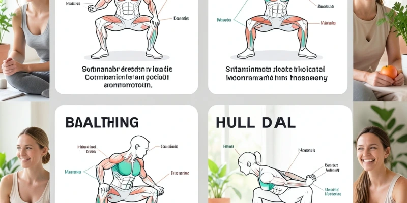 Übersicht der vier Bewegungsmuster als Infografik – je eine Zeichnung pro Muster mit Beschriftung der Muskeln, die sie trainieren