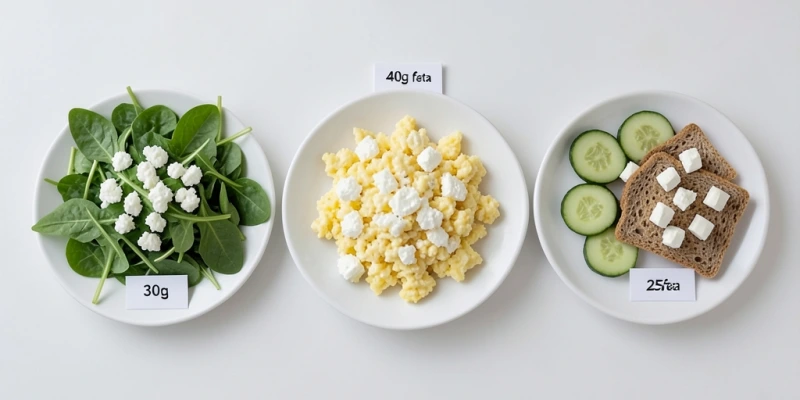 Übersicht dreier Mahlzeiten mit Feta – Salat, Rührei, Snack-Teller – jeweils mit Grammangaben für Feta beschriftet, nüchternes Styling ohne Lifestyle-Ästhetik