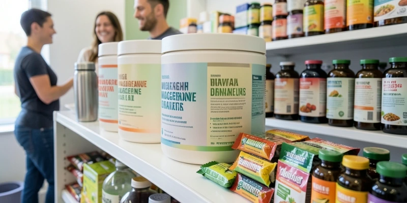 Übersicht eines typischen Apothekenregals mit verschiedenen Nahrungsergänzungsmitteln zum Thema Gewicht – Pulver, Kapseln, Riegel – mit Blick auf Zutaten-Etiketten