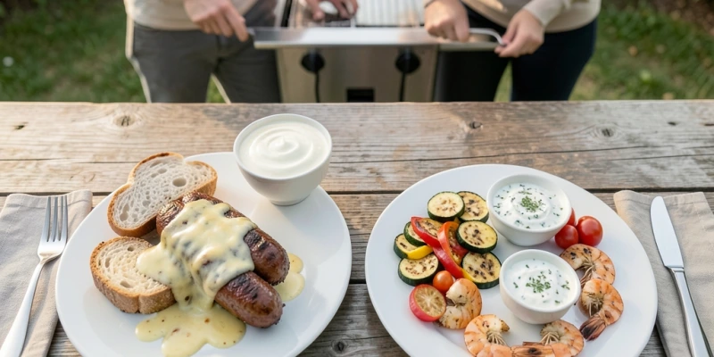 Übersicht eines typischen Grillabend-Tellers: links „klassisch" mit Weißbrot, Mayonnaise-Dip, Käsewurst; rechts „umgebaut" mit Grillgemüse, Joghurtdip, Garnelen – gleiche Tischsituation, deutlich unterschiedliche Energiemenge