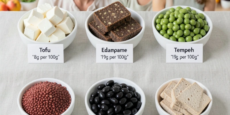 Übersicht veganer Proteinquellen mit Grammangabe Protein pro 100 g – Tofu, Tempeh, Edamame, rote Linsen, schwarze Bohnen, Seitan – als einfache Vergleichsgrafik