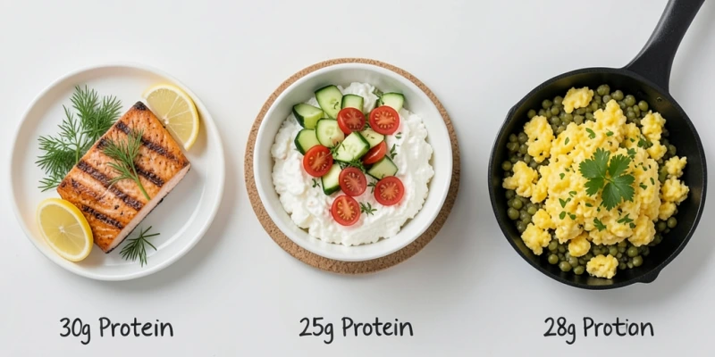Übersicht von Mahlzeiten mit je ca. 25–30 g Protein: Lachsfilet, Hüttenkäse-Schüssel mit Gemüse, Rührei mit Linsen – mit Mengenangaben in Gramm