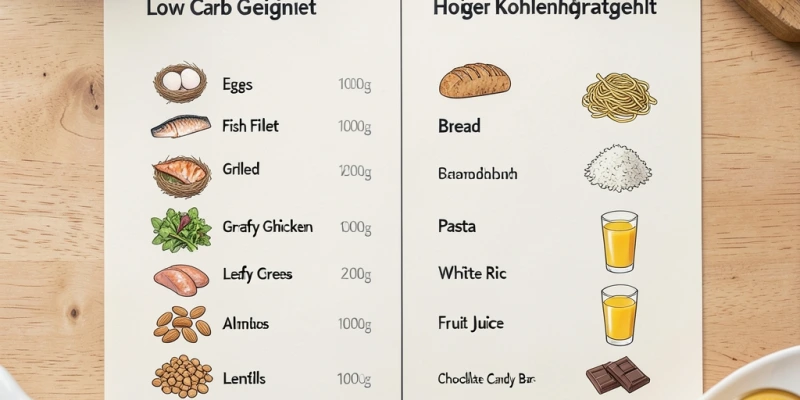 Übersichtliche Tabelle: Lebensmittel geeignet für Low Carb (Eier, Fisch, Fleisch, Gemüse, Nüsse, Hülsenfrüchte) vs. Lebensmittel mit hohem Kohlenhydratgehalt (Brot, Nudeln, Reis, Fruchtsäfte, Süßigkeiten) – mit Beispielmengen und ungefähren Kohlenhydratgehalten