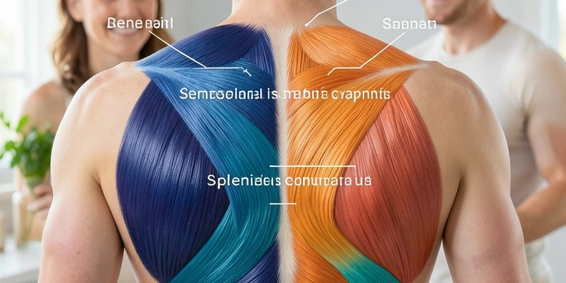 Übersichtsgrafik der relevanten Nackenmuskulatur von hinten – oberer Trapezius, Semispinalis capitis und Splenius capitis farblich markiert und beschriftet