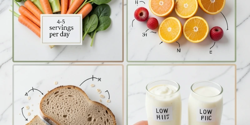 Übersichtsgrafik mit den vier Hauptnahrungsmittelgruppen der DASH-Ernährung – Gemüse, Obst, Vollkornprodukte, fettarme Milchprodukte – mit konkreten Beispielmengen pro Gruppe