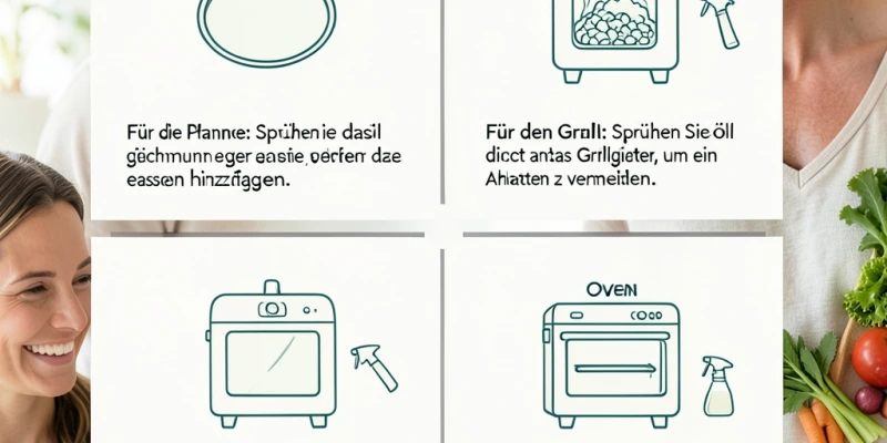 Übersichtstabelle: Anwendungssituationen (Pfanne / Grill / Airfryer / Ofen) mit jeweils empfohlenem Vorgehen beim Sprühen – sachliche Infografik ohne Kalorienangaben