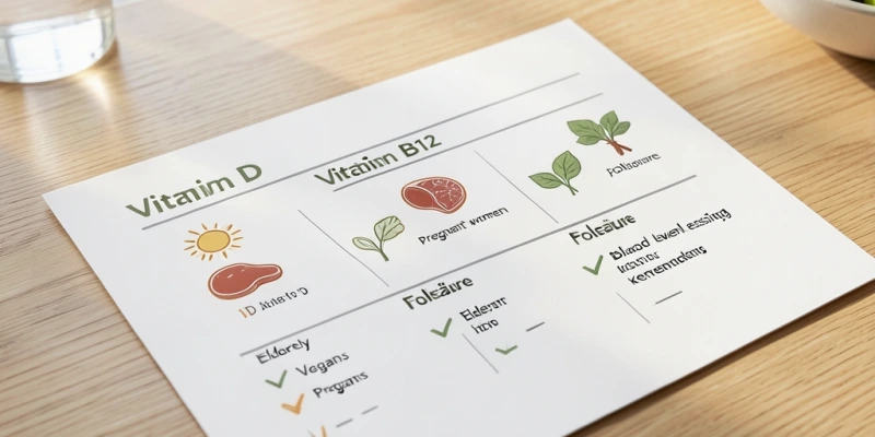 Übersichtstabelle: Vitamin D, B12, Folsäure – je mit typischen Quellen, wer besonders aufpassen sollte, ob Messung empfohlen wird. Klare, schlichte Tabellenoptik ohne Werbeanmutung