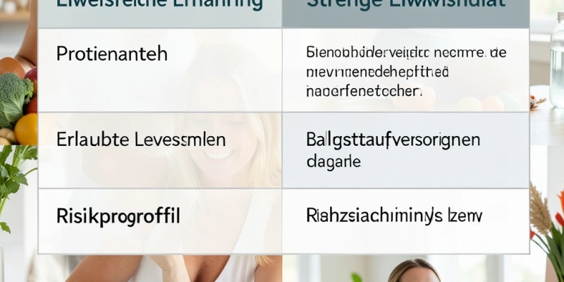 Übersichtstabelle – zwei Spalten: „Eiweißreiche Ernährung" vs. „Strenge Eiweißdiät". Zeilen: Proteinanteil, erlaubte Lebensmittel, Ballaststoffversorgung, Langzeittauglichkeit, Risikoprofil. Sachlich, ohne Wertung.