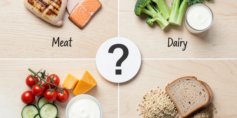 Vereinfachte Darstellung: Vier Lebensmittelgruppen (Fleisch, Gemüse, Milch, Getreide) jeweils einer Blutgruppe zugeordnet – mit einem großen Fragezeichen darüber, das die fehlende Evidenz symbolisiert