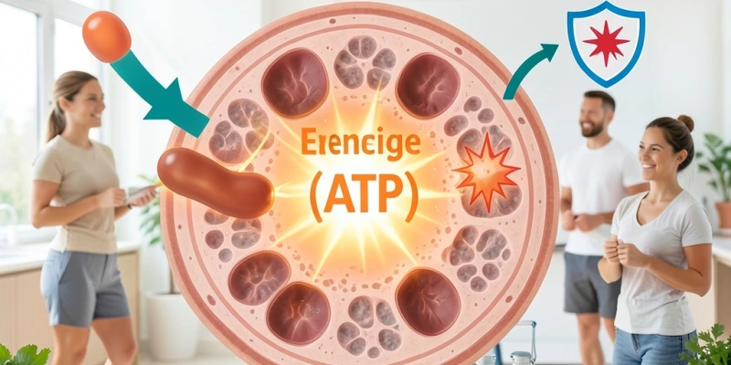 Vereinfachte Grafik einer Mitochondrien-Zelle: Fettsäure tritt ein, Energie (ATP) wird erzeugt, freies Radikal entsteht als Nebenprodukt – Pfeil zeigt auf antioxidative Abwehr