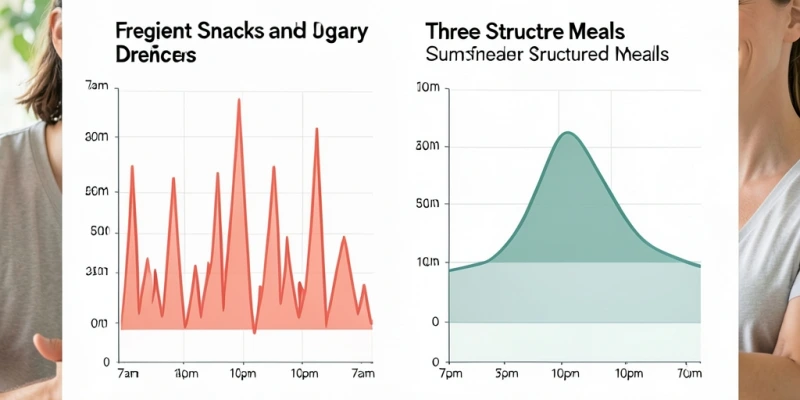 Vereinfachte Grafik: Insulinspiegel im Tagesverlauf bei einer Ernährung mit häufigen Snacks und Süßgetränken vs. drei strukturierten Mahlzeiten – sichtbar längere Phasen mit niedrigem Insulinspiegel bei der zweiten Variante