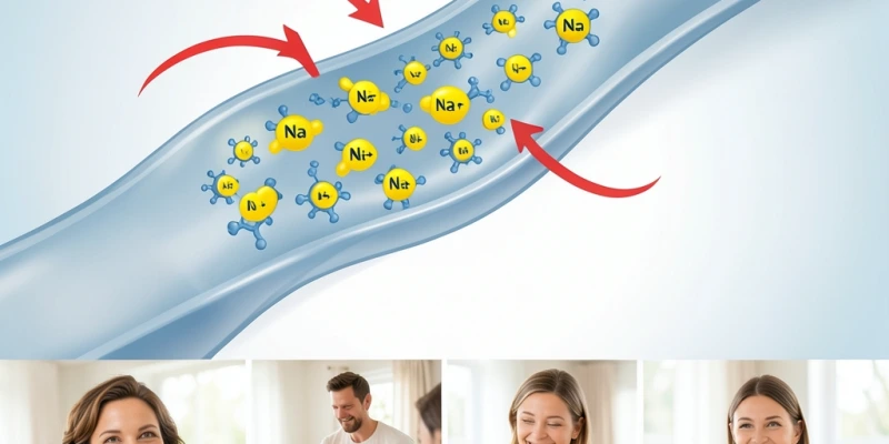Vereinfachte Grafik: Natrium im Blutgefäß zieht Wassermoleküle an – größeres Volumen, höherer Druck auf die Gefäßwand
