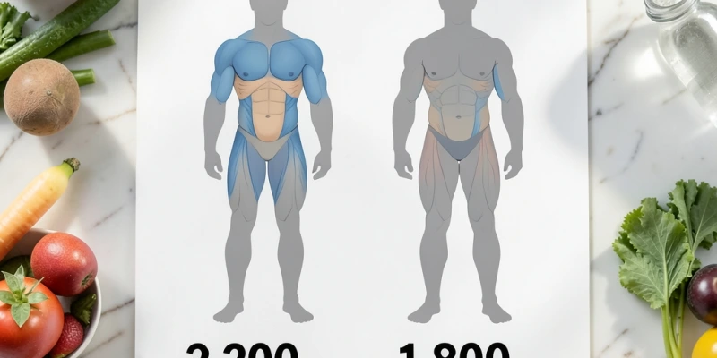 Vereinfachte Grafik: zwei Körpersilhouetten mit gleichem Gewicht, aber unterschiedlichem Muskel-Fett-Verhältnis – darunter der jeweilige geschätzte Grundumsatz als Zahl