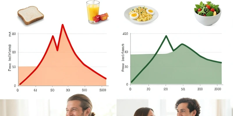 Vergleich Blutzuckerverläufe: stark schwankender Verlauf (Weißbrot, Saft, Süßes) vs. ruhiger Verlauf (Vollkorn, Eiweiß, Ballaststoffe) über einen Tag mit drei Mahlzeiten