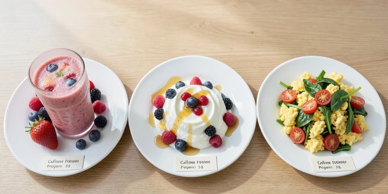 Vergleich drei Frühstücksvarianten: Fruchtsmoothie 300 kcal / 3g Protein – Joghurt mit Beeren 300 kcal / 18g Protein – Rührei mit Gemüse 300 kcal / 22g Protein – gleiche Kalorien, sehr unterschiedliche Proteinwerte