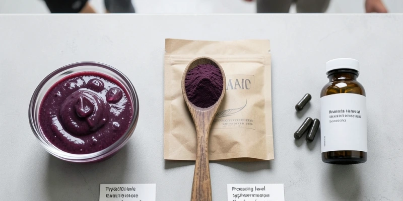 Vergleich dreier gängiger Açaí-Produkte nebeneinander: frisches Püree (tiefgefroren), Pulver, Kapsel – mit Hinweis auf unterschiedliche Verarbeitungsgrade und typische Portionsgrößen