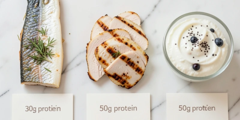 Vergleich dreier Proteinquellen nebeneinander: 200 g Forelle, 200 g Hühnerbrust, 500 g Magerquark – jeweils mit Proteingehalt beschriftet, um die Dimension greifbar zu machen