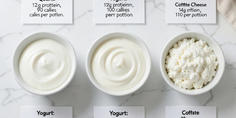 Vergleich dreier Schüsseln: 150g Quark, 150g Joghurt 3,5% Fett, 150g Hüttenkäse – mit Protein- und Kalorienangaben je Portion sichtbar daneben