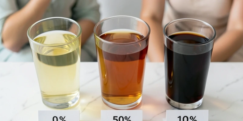 Vergleich dreier Teegläser – grüner Tee, Oolong, schwarzer Tee – mit Farbverlauf von hellgelb-grün bis dunkelbraun, dazu Beschriftung des Oxidationsgrades