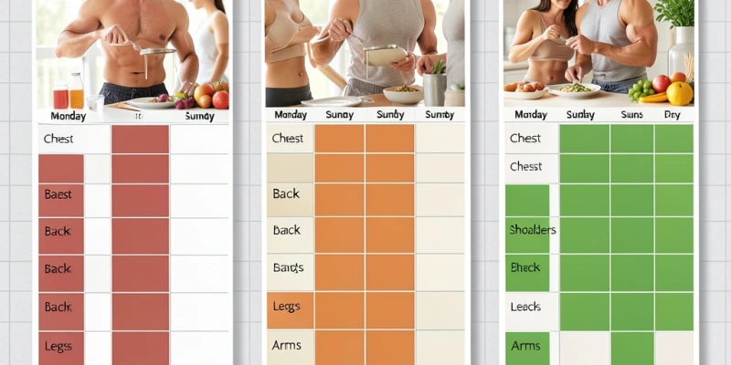 Vergleich dreier Trainingsmodelle nebeneinander: 1-mal-pro-Woche-Split, 2-mal-pro-Woche-Frequenz, HST-3-mal-pro-Woche – mit jeweils farbiger Markierung der aktiven Muskelgruppe pro Wochentag. Zeigt visuell, wie HST die Stimulationsfrequenz pro Muskel erhöht