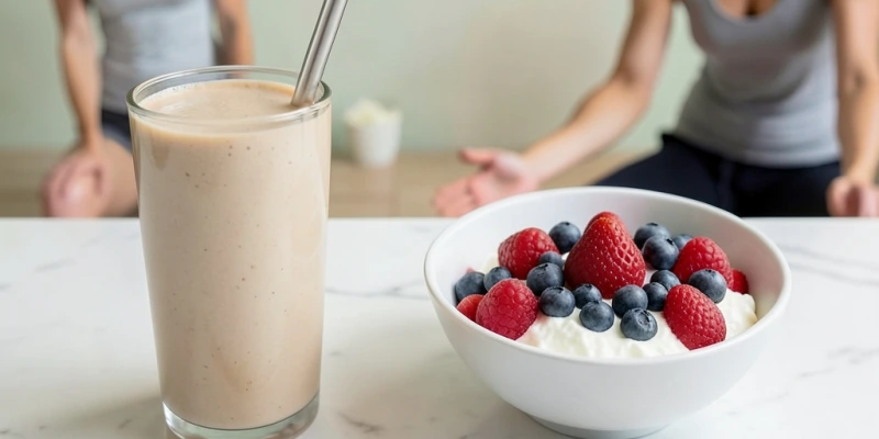 Vergleich: Ein Glas Almased-Shake neben einer Schüssel Magerquark mit Beeren – ähnlicher Proteingehalt, unterschiedliche Kosten und Sättigungswirkung durch feste vs. flüssige Konsistenz