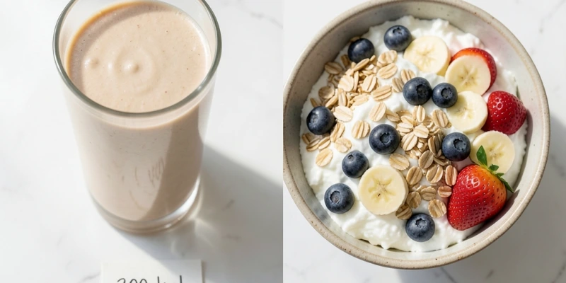 Vergleich eines typischen Layenberger-Shakes (angerührt im Glas) neben einer gleichwertigen vollwertigen Mahlzeit aus Quark, Haferflocken und Obst – gleicher Kaloriengehalt, unterschiedliche Sättigung und Volumen