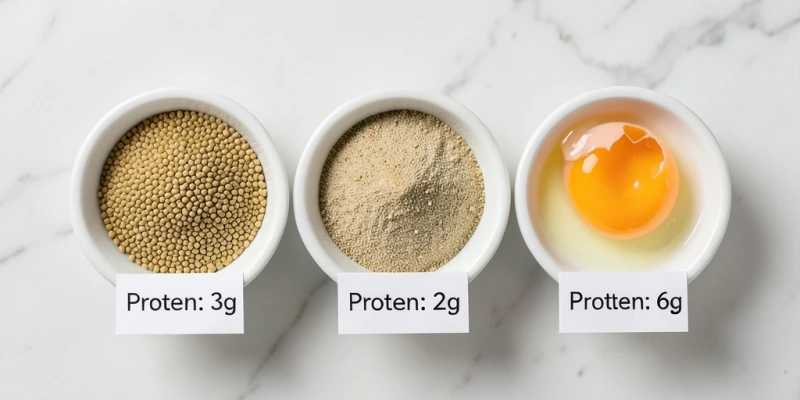 Vergleich in kleinen Schalen: 10 g ganze Leinsamen, 10 g gemahlene Leinsamen und ein aufgeschlagenes Ei nebeneinander – mit Beschriftung der jeweiligen Proteinmenge