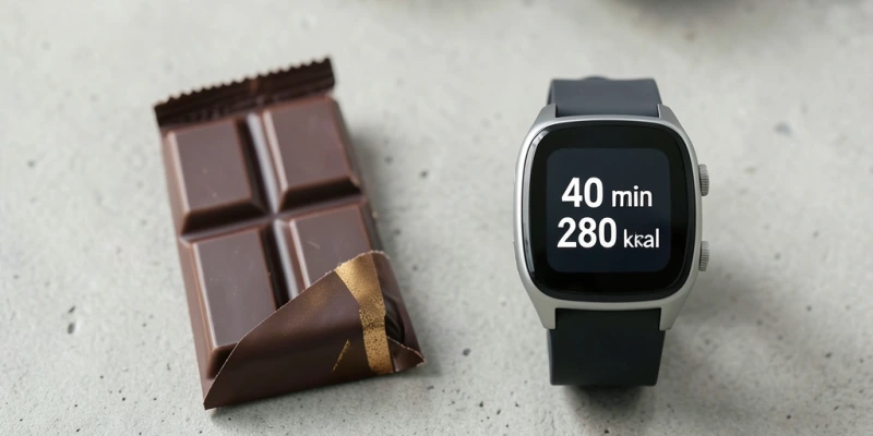 Vergleich: Kalorienzufuhr vs. Verbrauch durch Sport – ein Schokoriegel (250 kcal) neben einer Laufschuhanzeige mit 40-Minuten-Jogging-Verbrauch (~280 kcal) – visuell fast identisch
