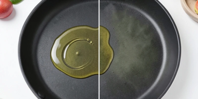 Vergleich Pfannenboden: links mit Öllache aus normaler Flasche, rechts gleichmäßig besprühte Fläche mit Ölsprüher