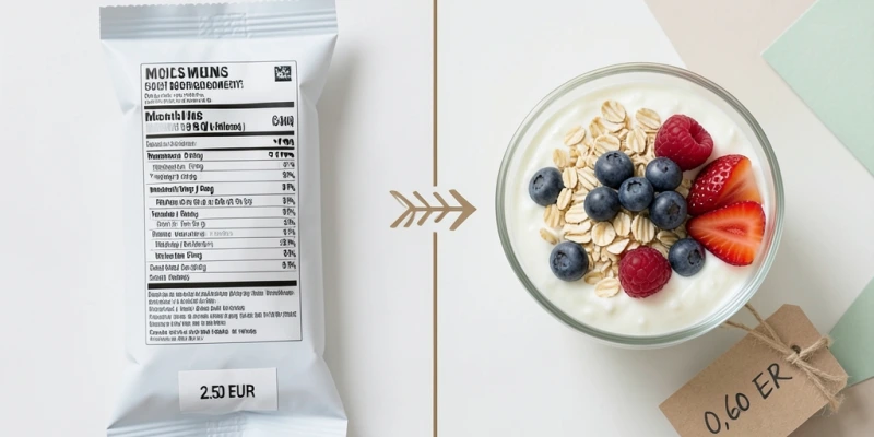 Vergleich: Proteinriegel (Nährwert-Tabelle) vs. selbst gemachter Snack aus Quark, Haferflocken und Beeren – ähnliche Nährwerte, deutlicher Preisunterschied