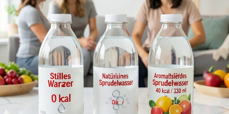 Vergleich von drei Flaschen: stilles Wasser (0 kcal), natur Sprudelwasser (0 kcal), aromatisiertes Sprudelwasser mit Zucker (ca. 40 kcal/330 ml) – Etiketten sichtbar, Kalorienangaben hervorgehoben