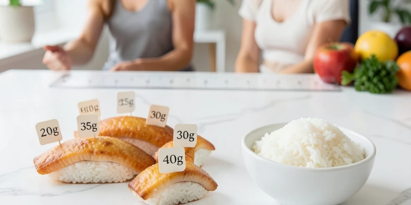 Vergleich von fünf Nigiri-Stücken nebeneinander mit Gewichtsangabe des enthaltenen Reises vs. einer kleinen Schüssel gekochtem Normalreis – gleiche Reismenge, unterschiedliche Wahrnehmung