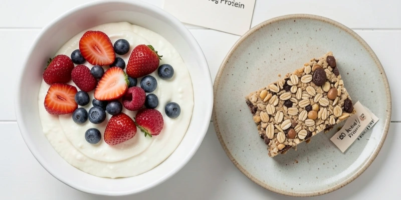 Vergleich zwei Teller – links 250 g Magerquark mit Beeren (ca. 185 kcal, 30 g Protein), rechts ein Müsliriegel mit ca. 180 kcal und 3 g Protein – gleiche Kalorien, drastisch unterschiedliche Sättigungswirkung und Proteindichte