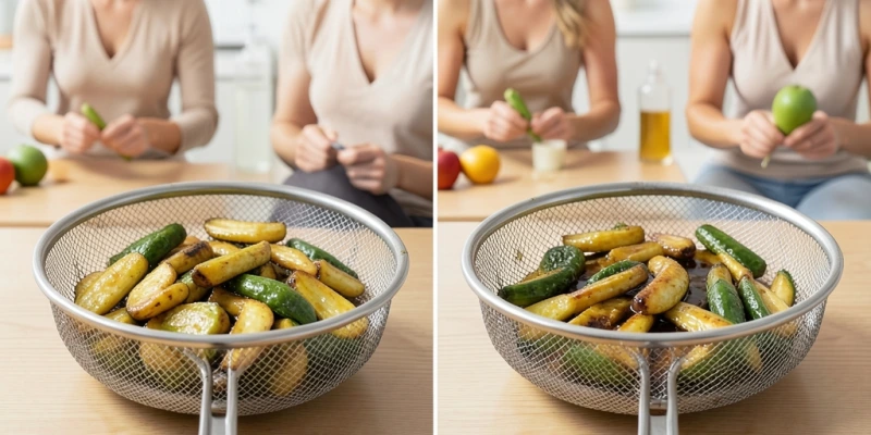 Vergleich zweier Airfryer-Körbe: links gleichmäßig mit Sprüher benetztes Gemüse, rechts ungleichmäßig mit gegossenem Öl übergossenes Gemüse